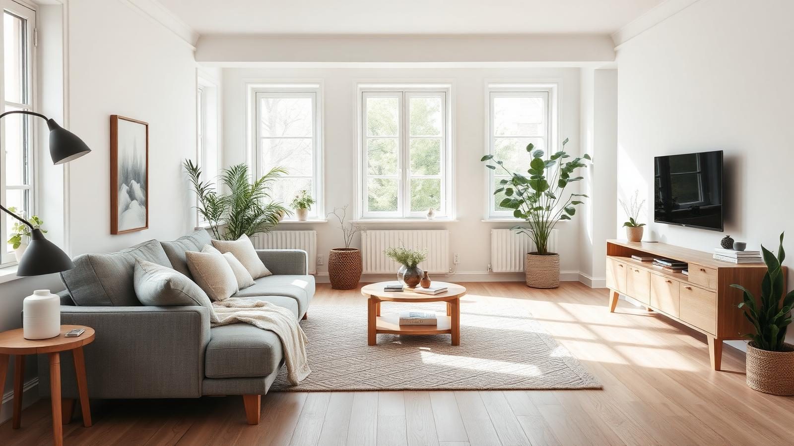 Scandinavian living room with light wood, soft neutral furniture, practical storage and warm minimal styling