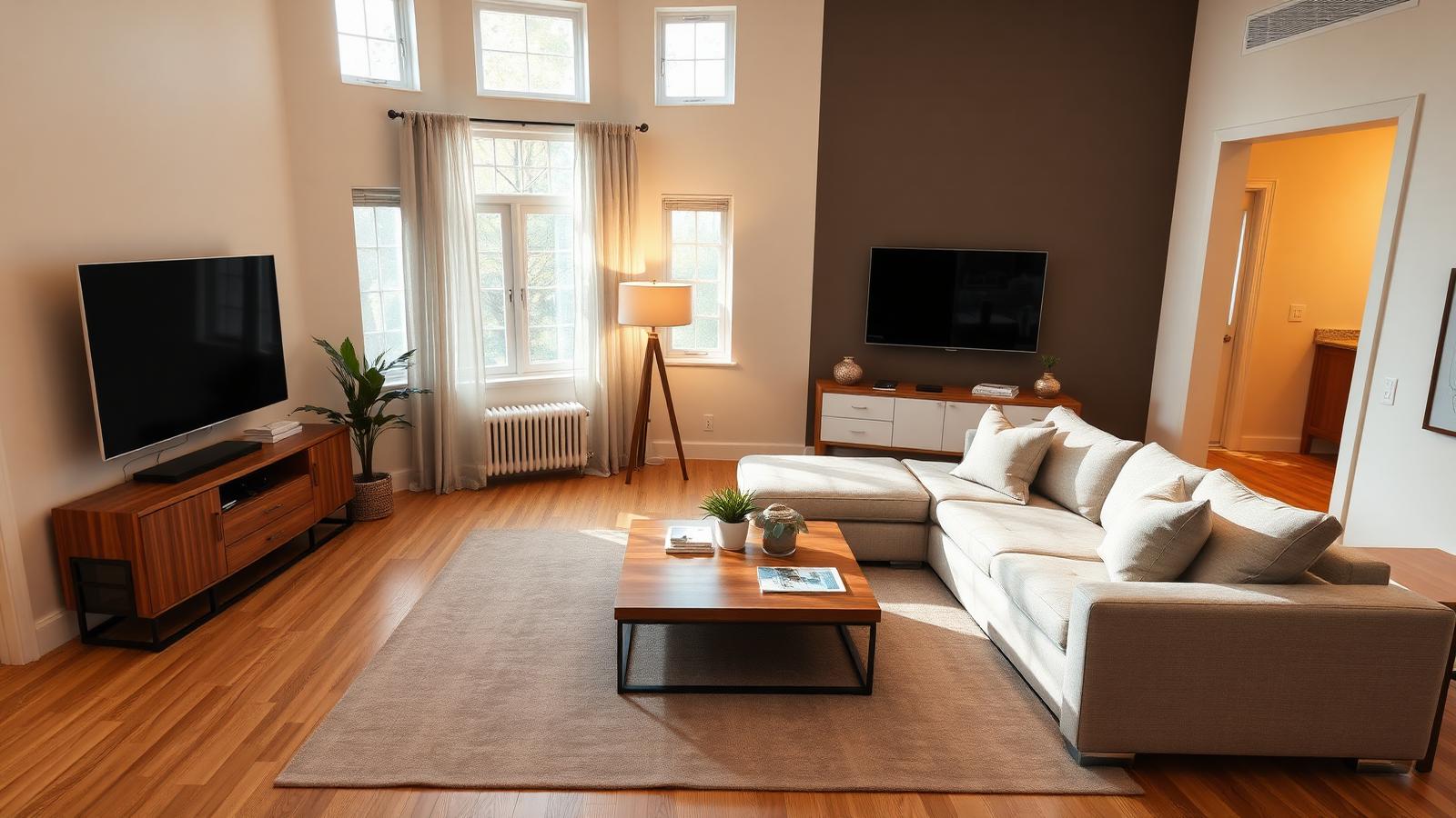 Same living room redesigned in modern style with a light grey sectional, walnut coffee table, wall mounted TV, wide plank oak flooring and layered warm lighting