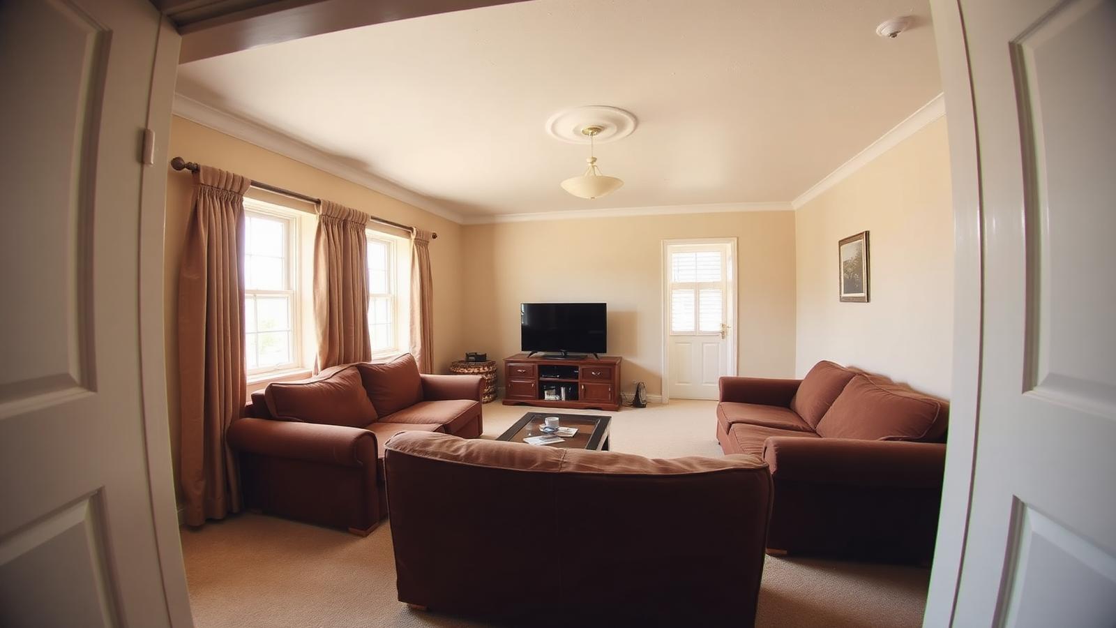 Dated living room with older brown fabric sofas, tube TV on wood cabinet, plain cream carpet and basic pendant before AI living room redesign