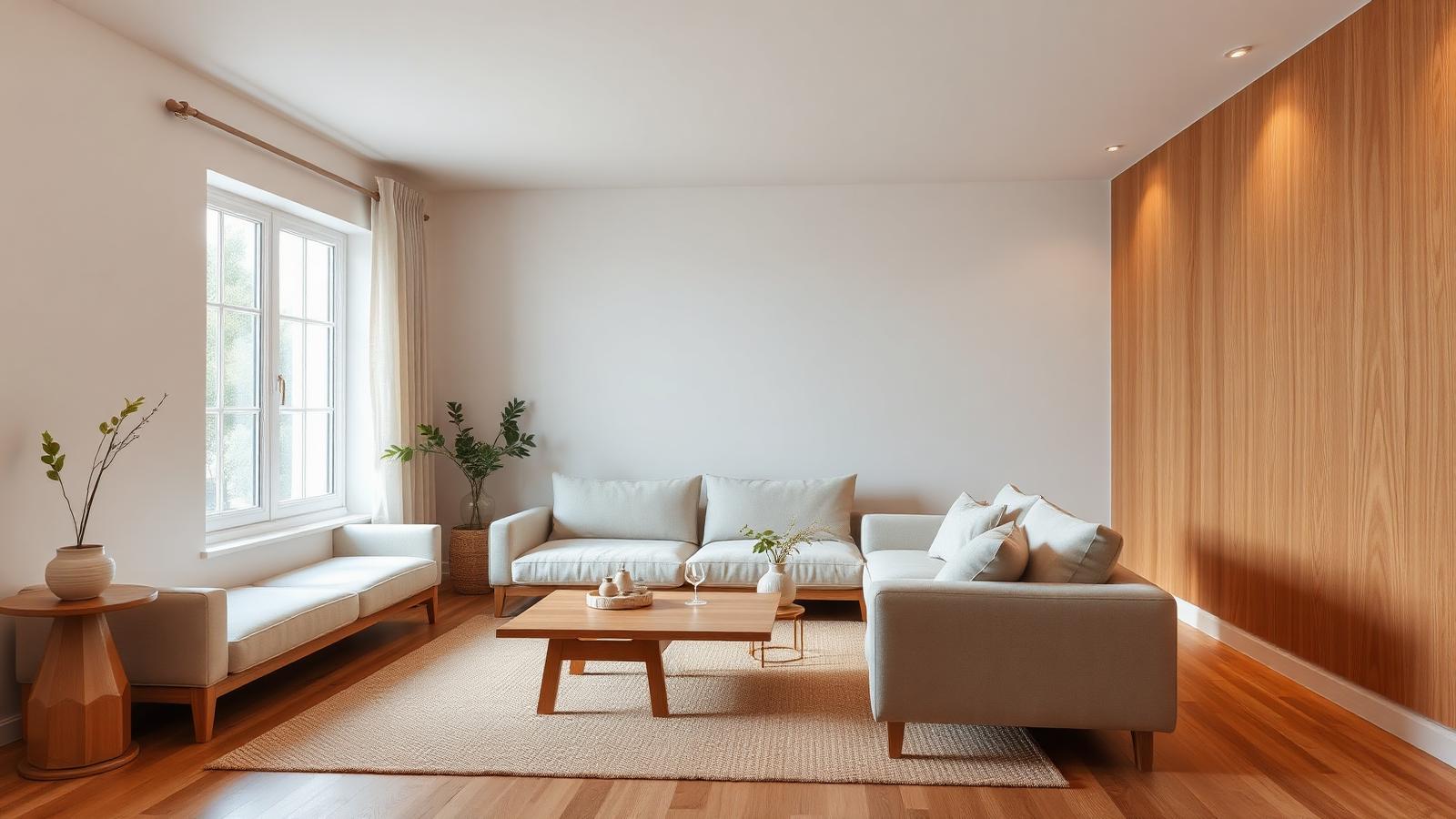 Same living room transformed with low profile linen sofa, warm oak coffee table, jute rug, oak wall panel accent and warm oak flooring