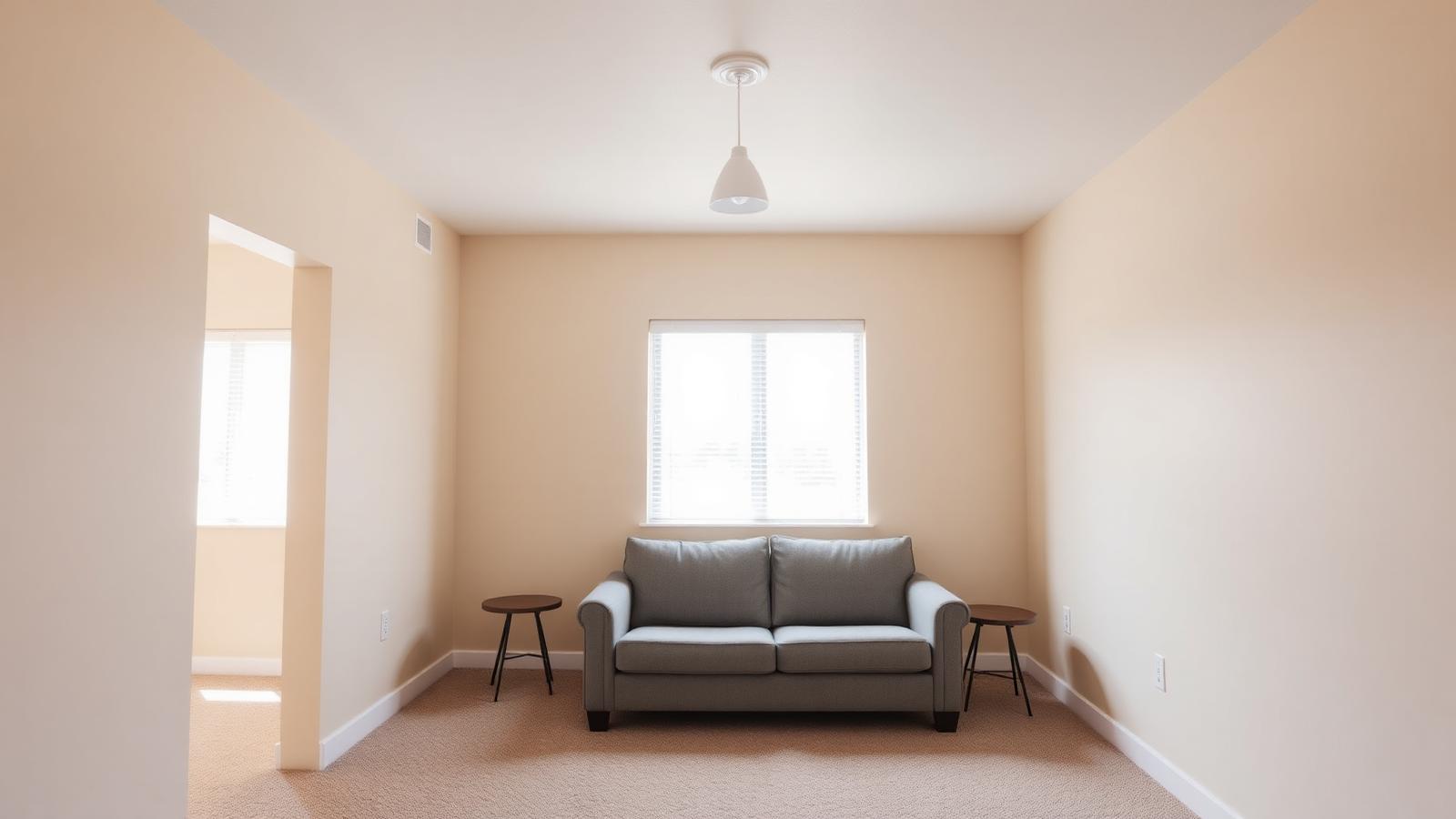 Plain builder grade living room with small grey loveseat, no rug and mini blinds before AI living room redesign