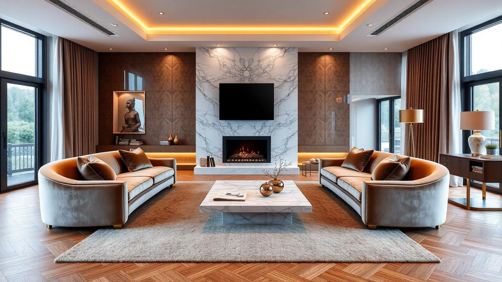 Same living room transformed with curved velvet sofas, marble coffee table, book matched marble fireplace wall, wall mounted TV and layered warm cove lighting