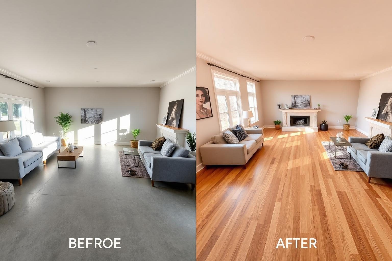 Living room before and after with natural oak wide plank flooring