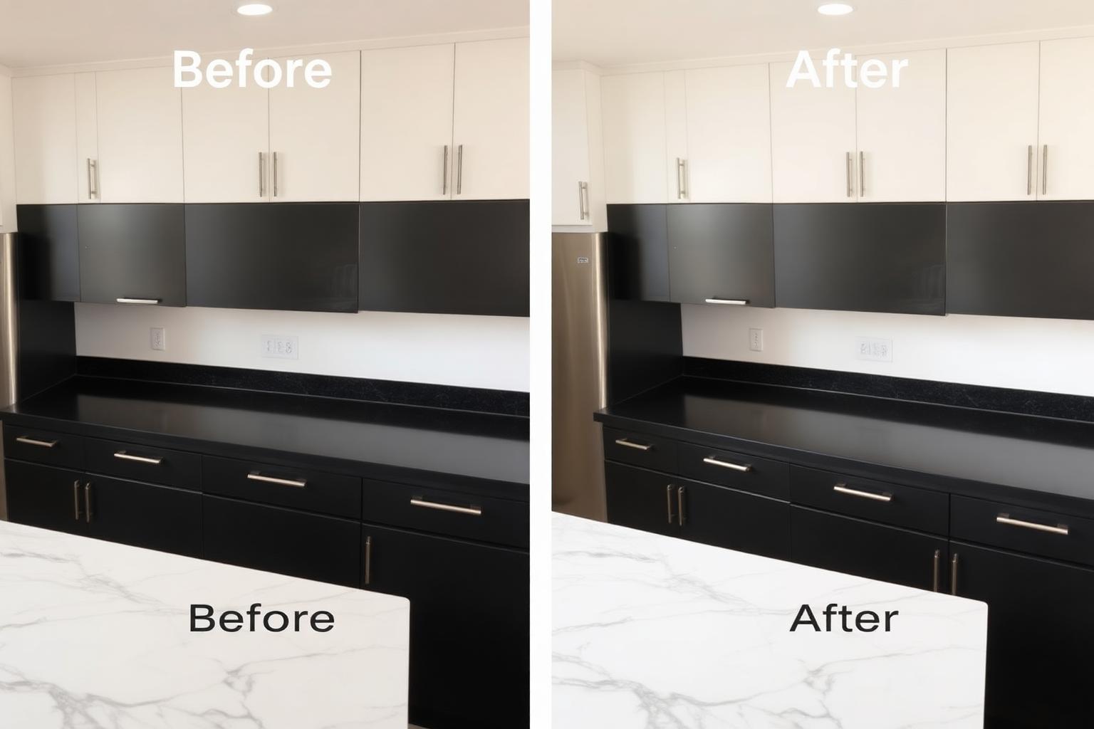 Kitchen countertop before and after with white marble
