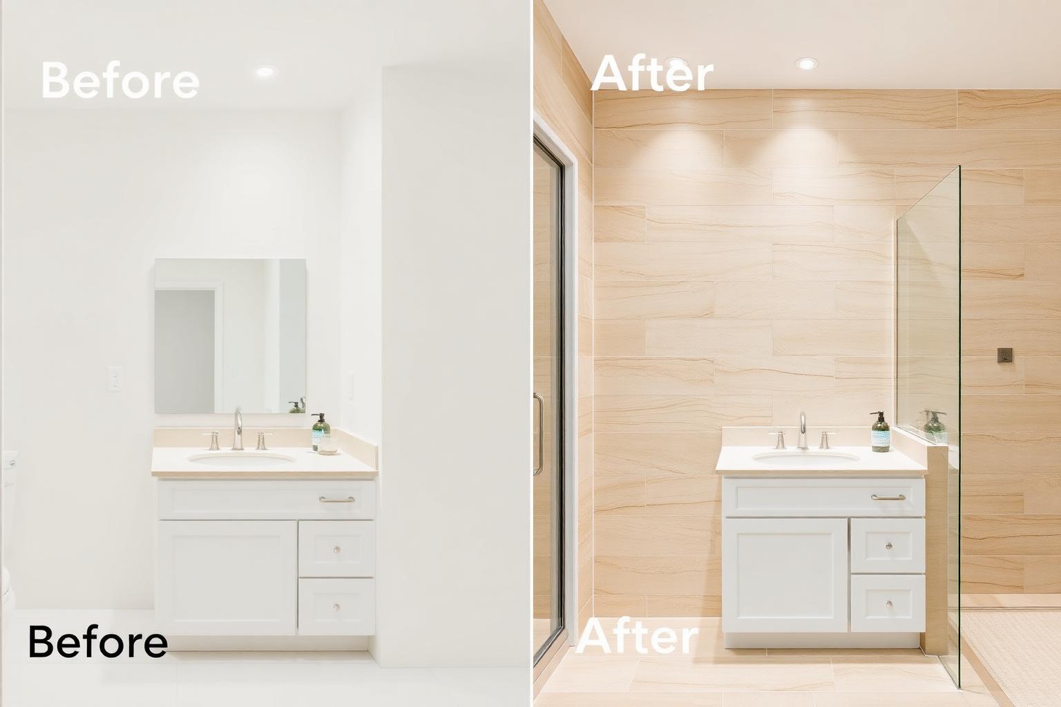 Bathroom wall before and after with large format travertine