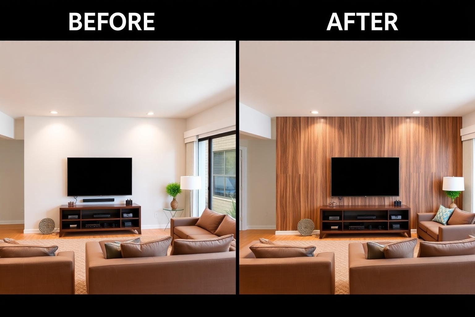 Feature wall before and after with walnut wood panels