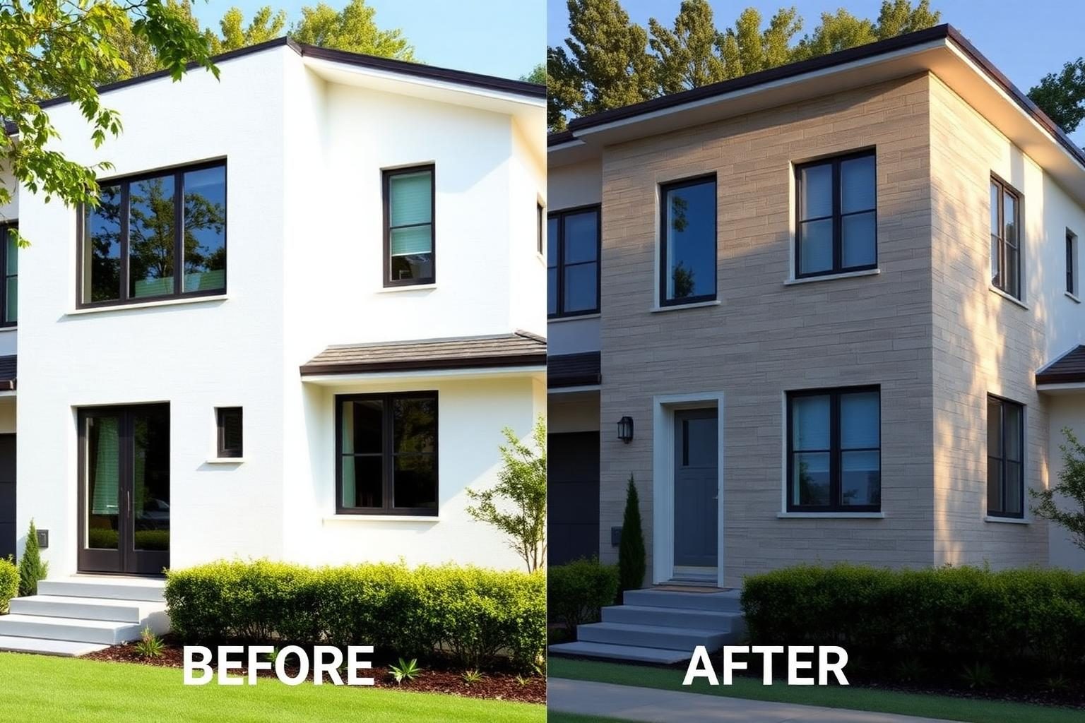 House exterior before and after with natural stone cladding