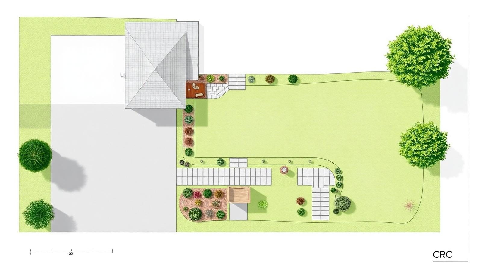 AI generated top-down landscape plan of a modern front yard with driveway, lawn and planting