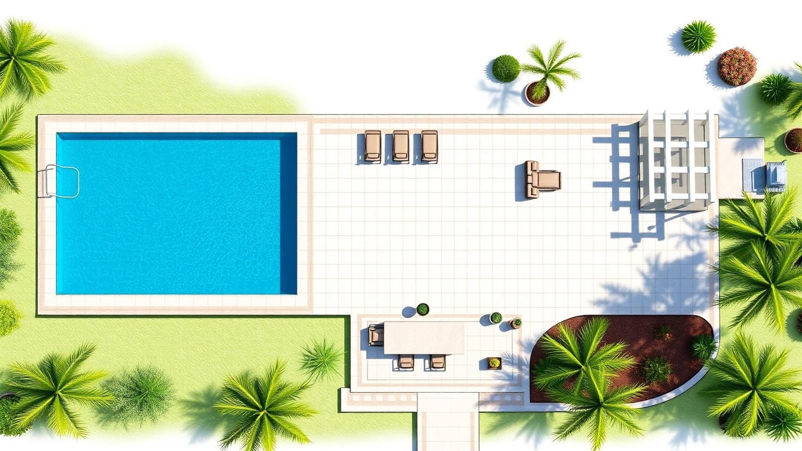 AI landscape plan with swimming pool, deck, pergola, lounge seating and planting