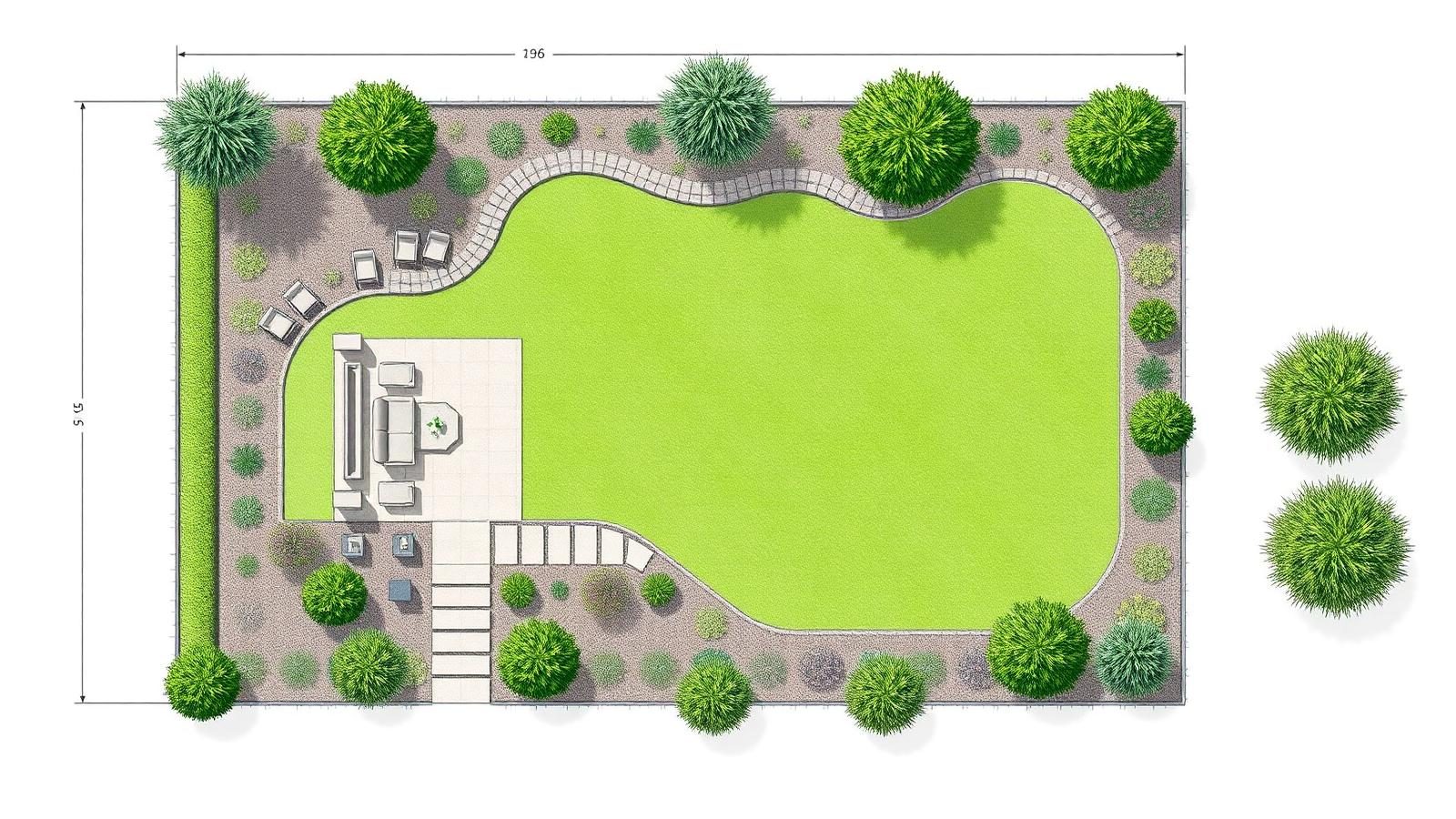 Top-down AI landscape plan for a small backyard with lawn, patio, planting beds and seating