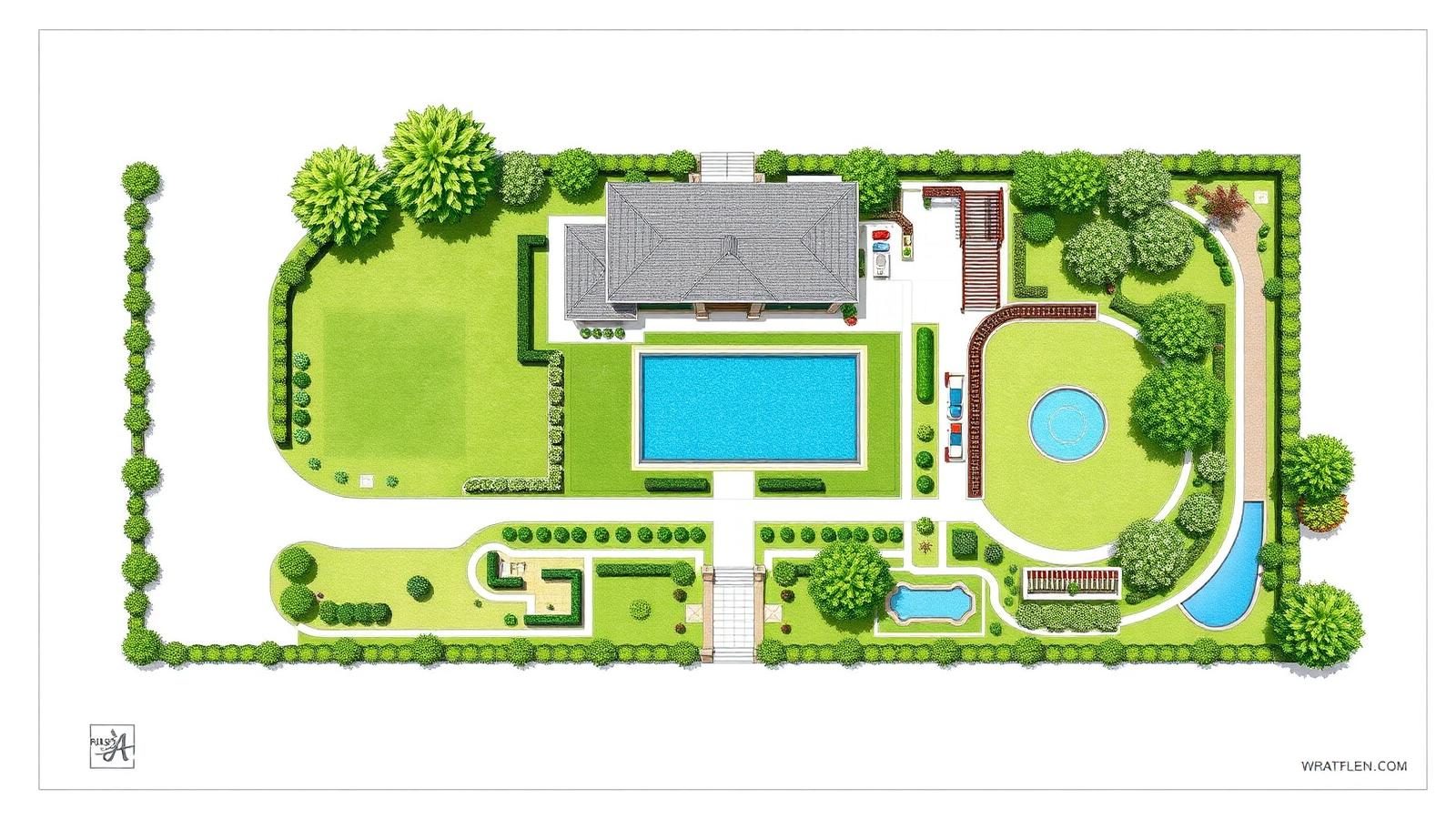 AI master plan of a large villa garden with pool, formal lawn, orchard and water features