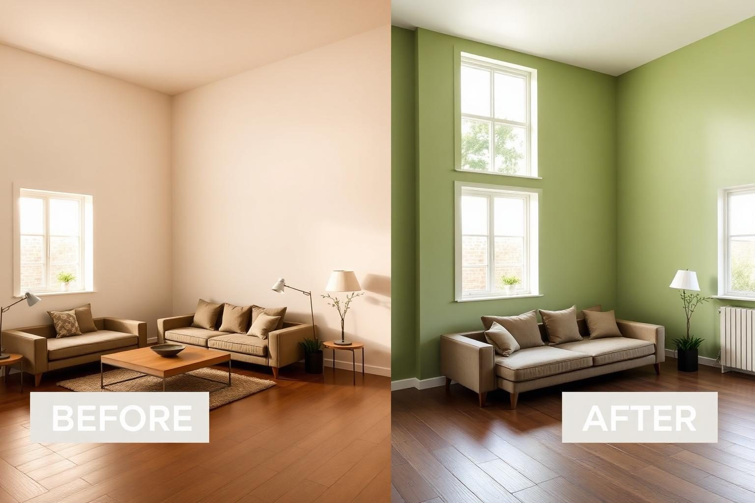 Living room before and after with sage green walls