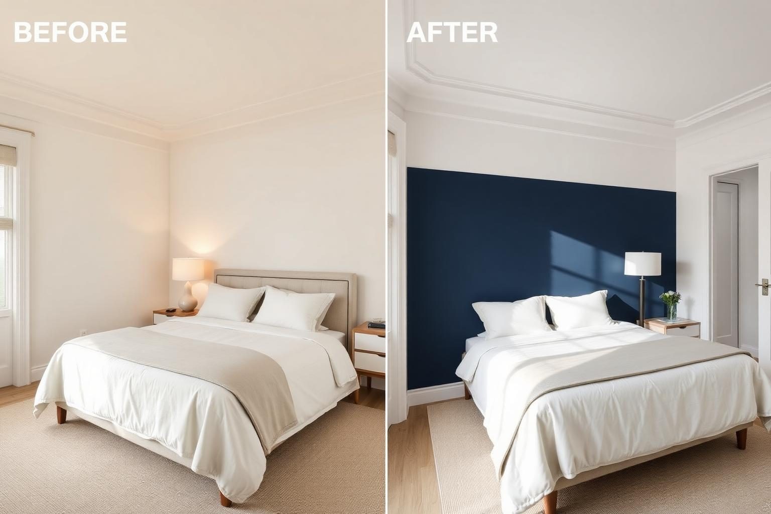 Bedroom before and after with a navy blue accent wall