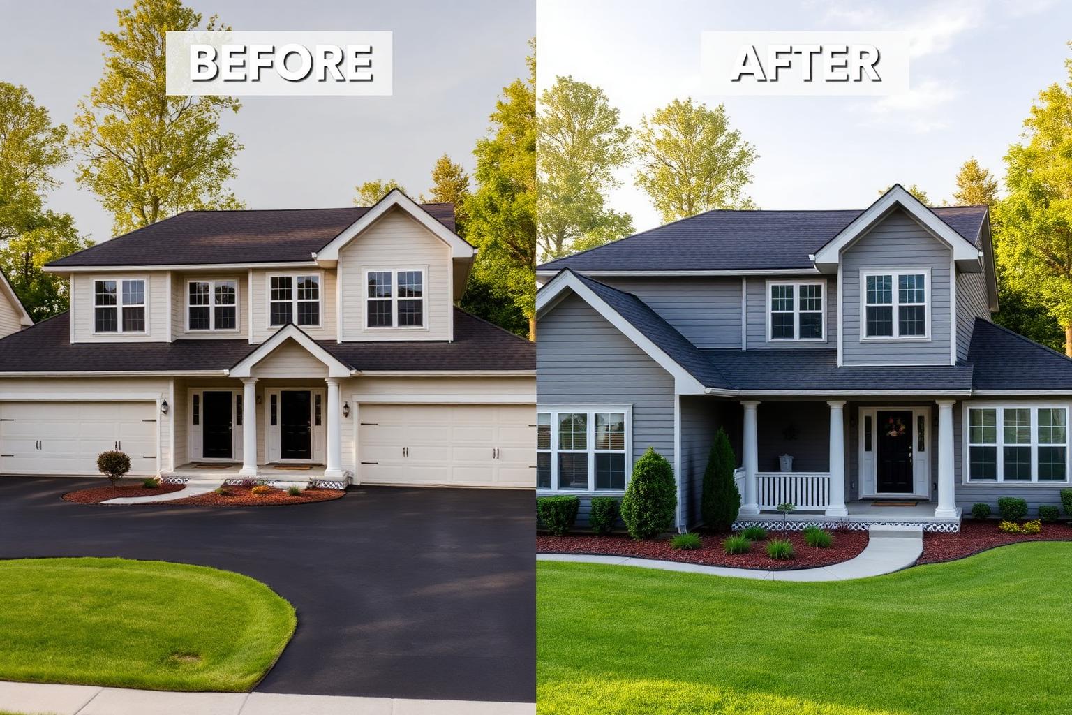 House exterior before and after with modern grey paint