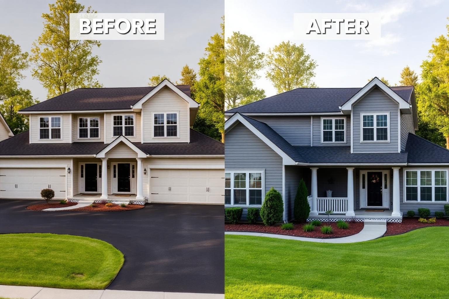 House exterior before and after with modern grey paint