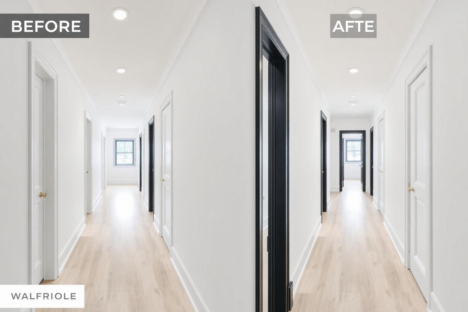 Hallway before and after with contrasting dark trim