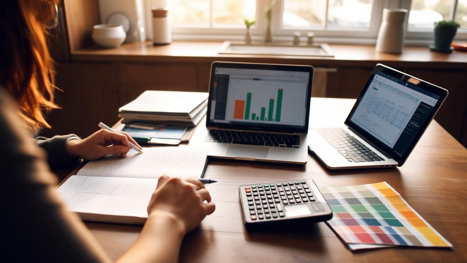 Person at a kitchen table with a notebook, calculator, paint chips, and a laptop showing a renovation budget spreadsheet in warm morning light