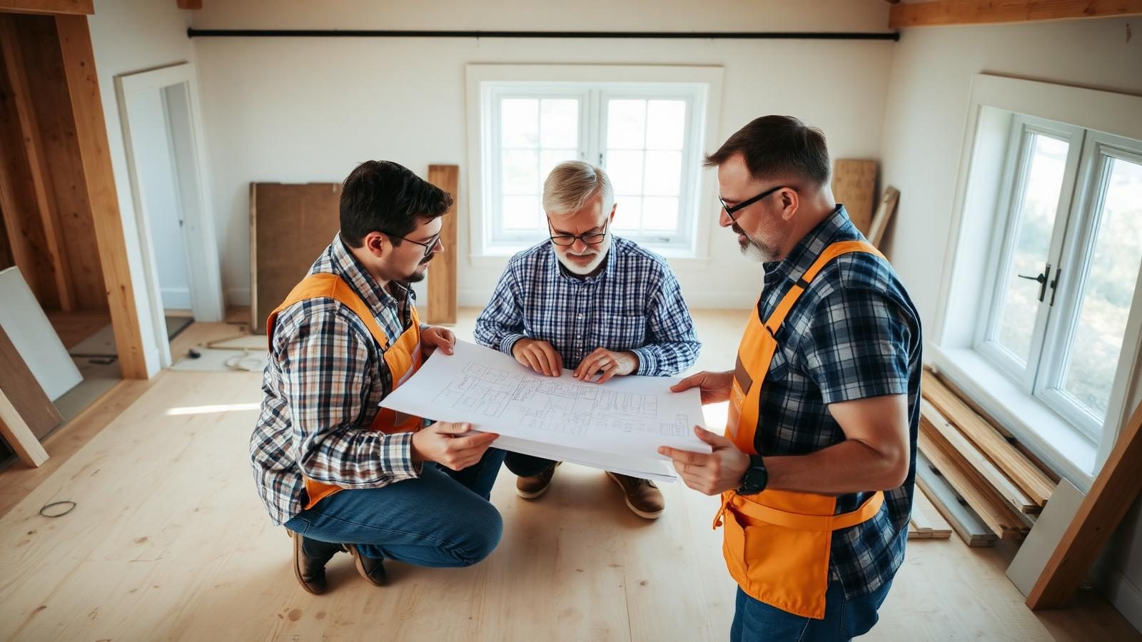 Contractor and homeowner reviewing paper blueprints on a plywood work surface inside a home being renovated, natural light through a window