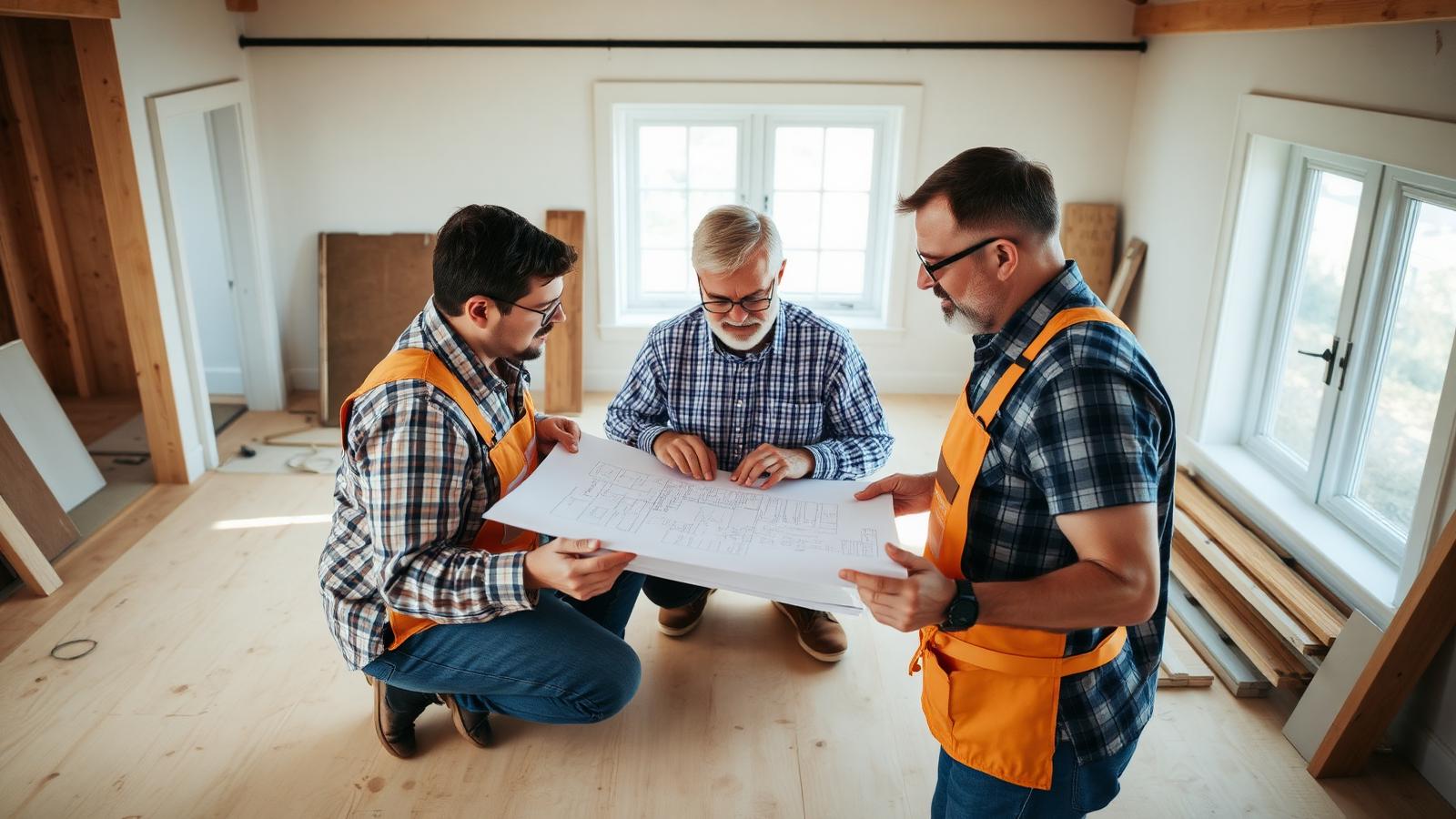 Contractor and homeowner reviewing paper blueprints on a plywood work surface inside a home being renovated, natural light through a window