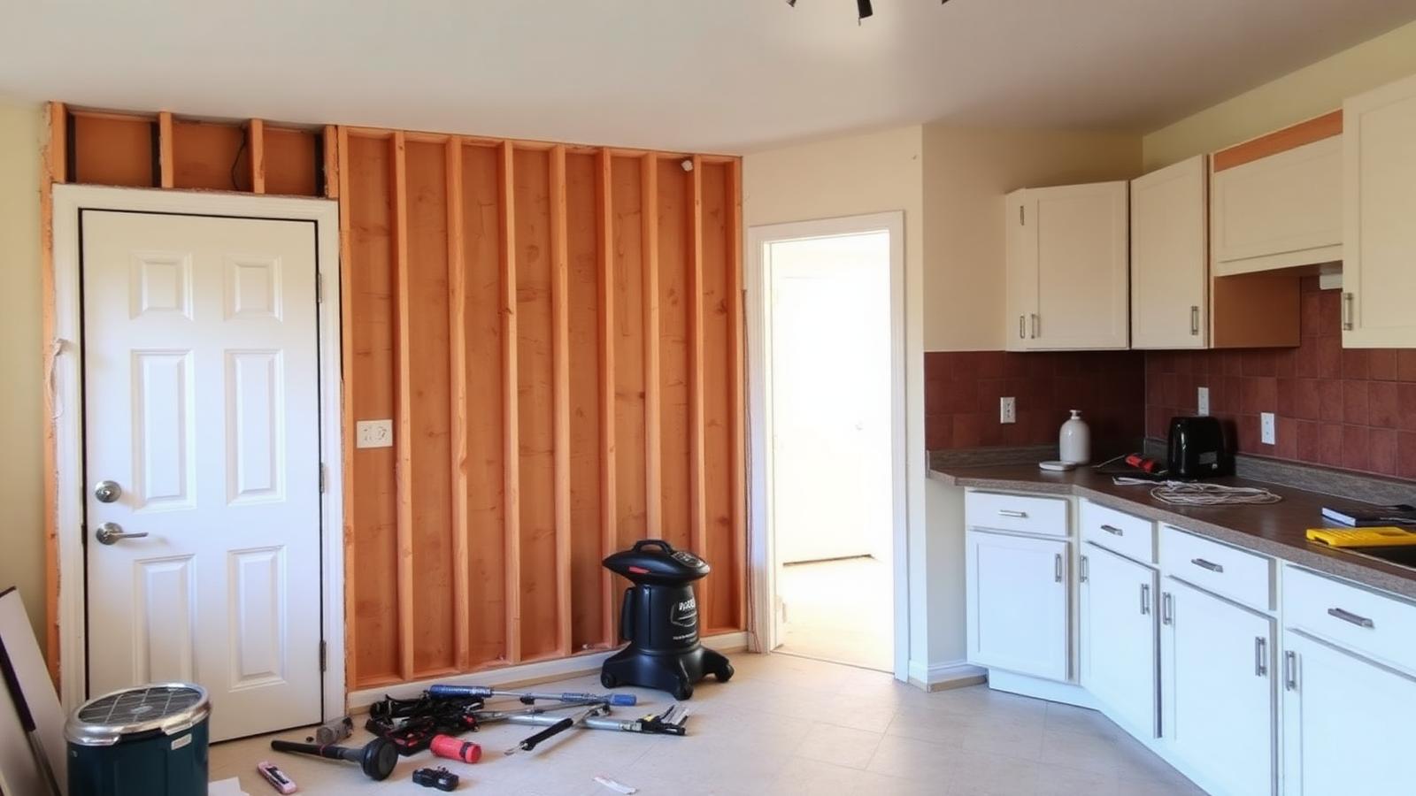 Half-renovated kitchen with exposed wall studs on one side, unfinished cabinets on the other, and construction tools scattered on the floor in natural daylight