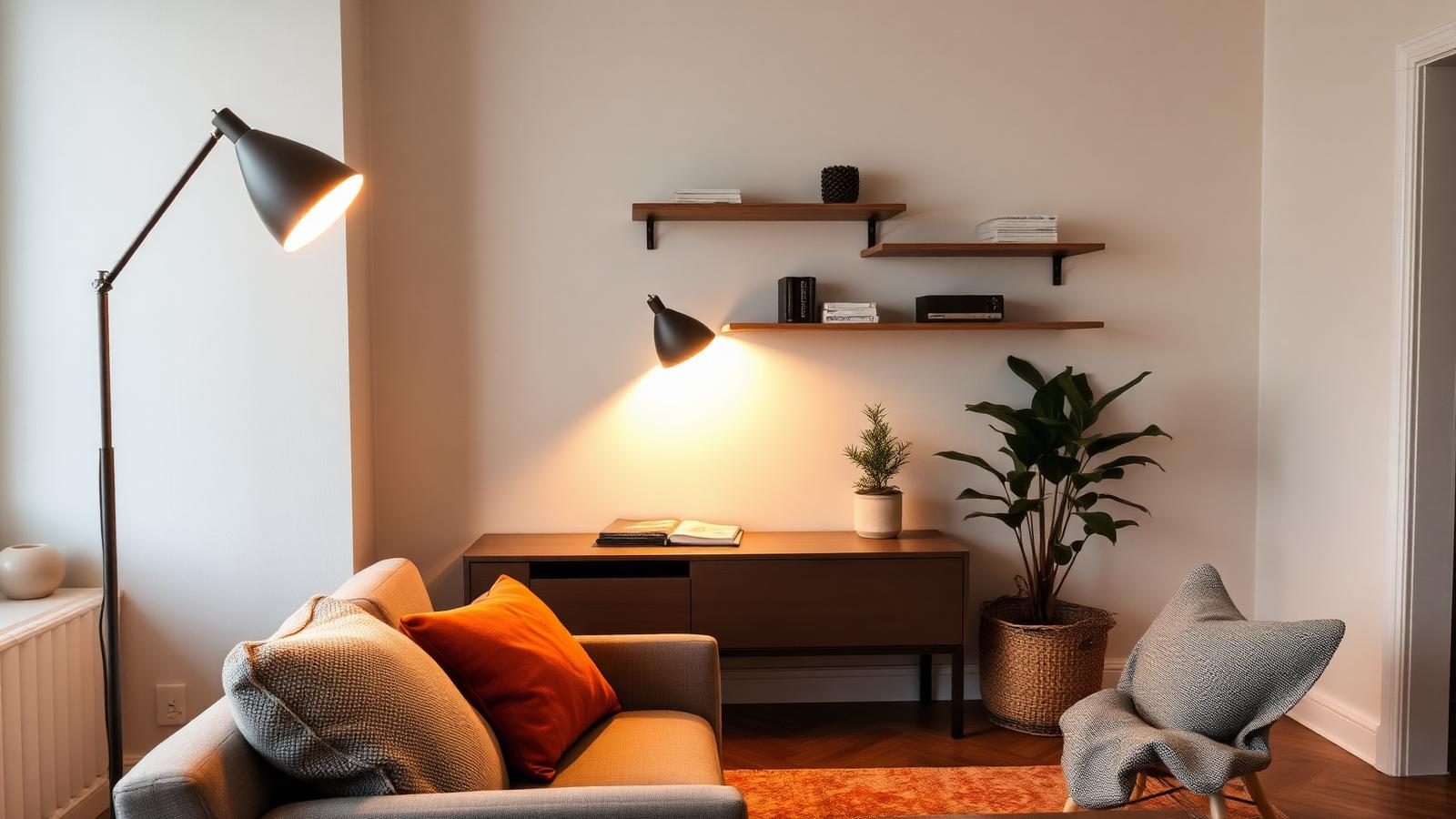 Cozy corner of a small apartment living room with a slim console behind a sofa, wall-mounted shelves, and a warm floor lamp casting long shadows in the evening