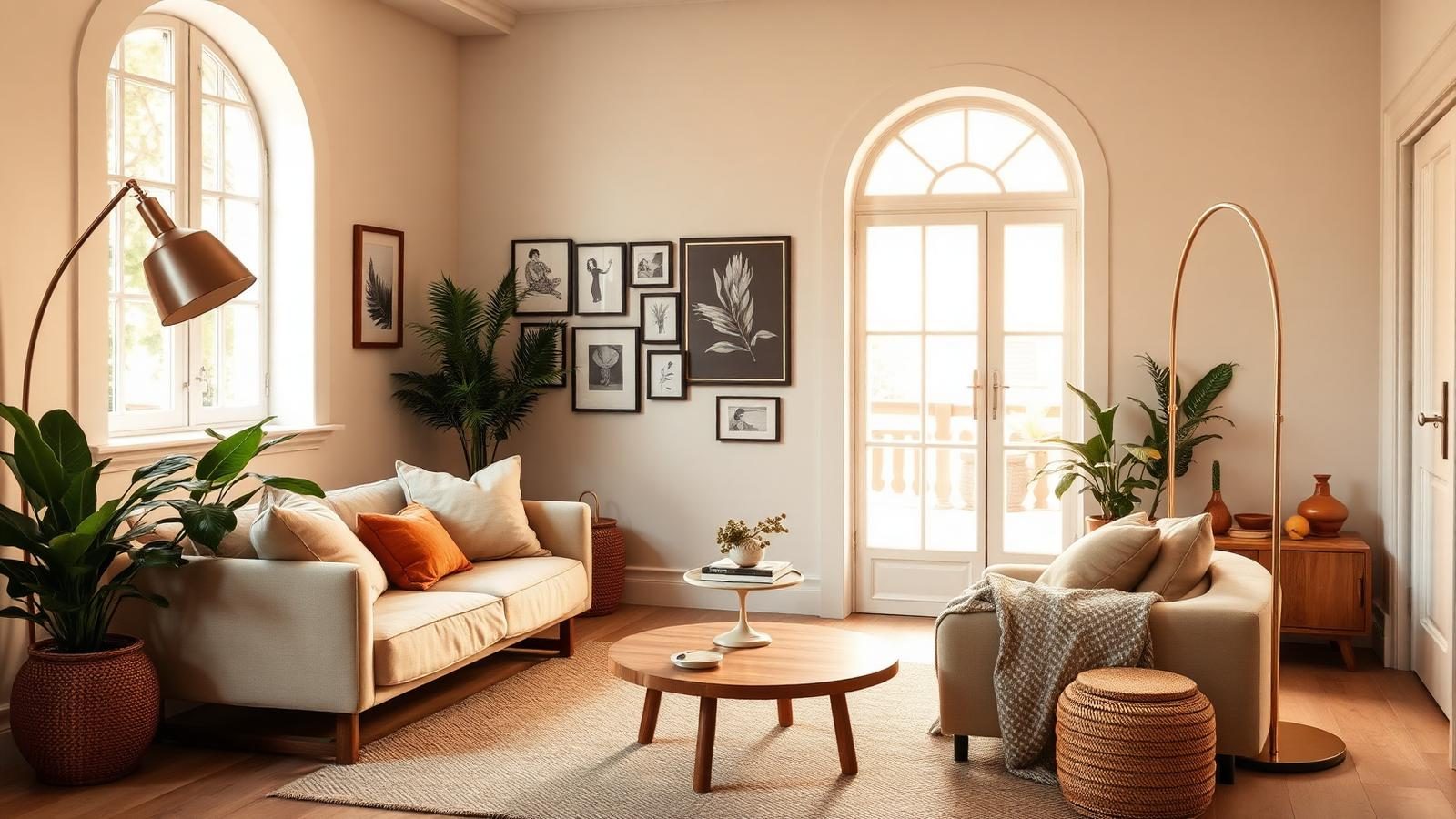 Small modern living room with an oat linen sofa, arched brass floor lamp, round wood coffee table, and gallery wall in warm afternoon light