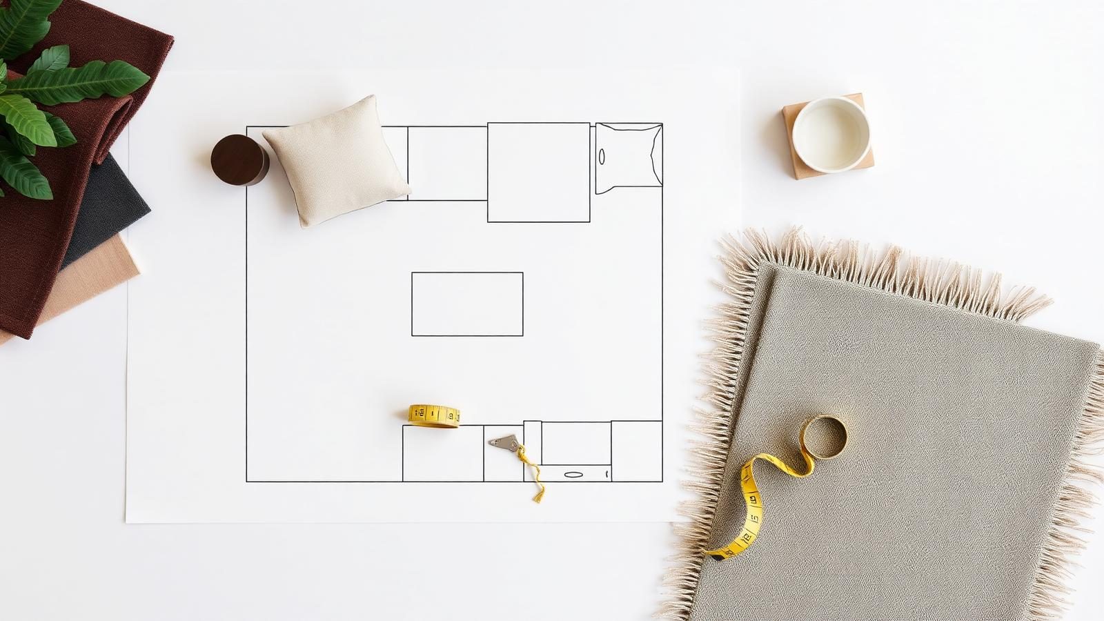Overhead flat lay of a small living room floor plan sketch with fabric swatches, wood samples, a small rug corner, and a measuring tape